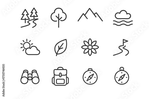 Wellness Retreat Icons. Wellness retreats. Line outline icon set of Wellness retreats: nature trail, tree,