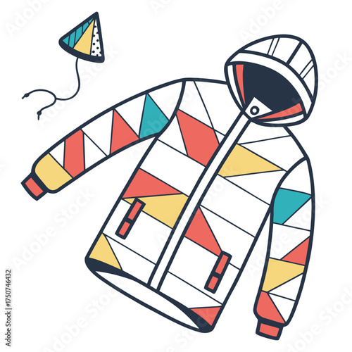 Whimsical geometric patterned winter jacket with a playful kite illustration in a vibrant color palette perfect for children s clothing design and seasonal themes