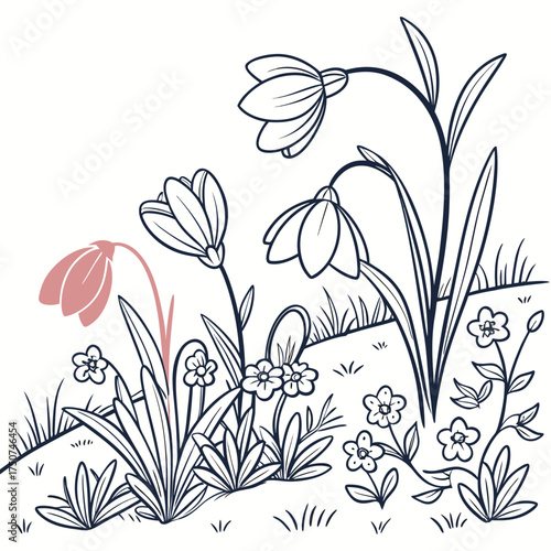 Whimsical line art illustration of delicate spring flowers blooming in a grassy meadow with one prominent pink snowdrop standing out against the monochrome outline