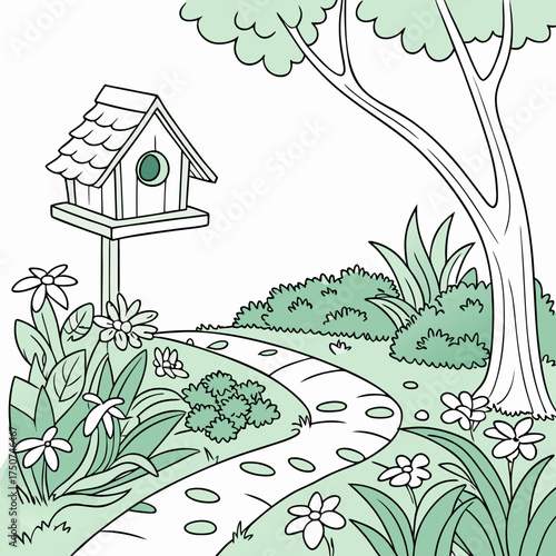 Whimsical cartoon drawing of a charming garden path winding past a birdhouse blooming flowers lush green bushes and a large tree trunk with leafy branches overhead
