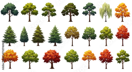 Collection of Various Realistic Trees in Different Seasons and Varieties for Artistic and Design Purposes