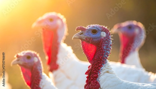 Close-up of a group of domestic turkeys bathed in warm sunlight