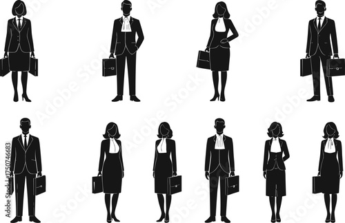 Business professional silhouette, lawyer figure, formal attire, briefcase pose, corporate team, gender balance, black and white, legal, office, career