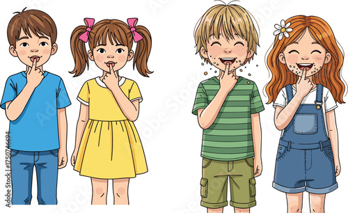 Cartoon children eating chocolate, messy faces, joyful expressions, playful pose, colorful outfits, childhood treat moment, character design, food illustration
