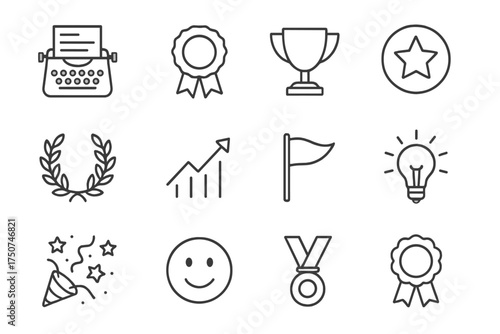 Iconic Typewriter Icons. A vintage typewriter with an unfinished manuscript on paper. Line outline icon set of