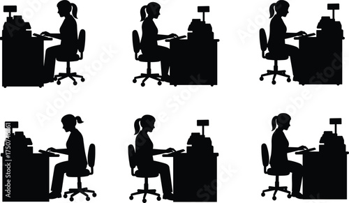Office worker silhouettes, computer desk posture, ergonomic concept, remote work, workplace design, seated figure, typing action, vector illustration, black icons