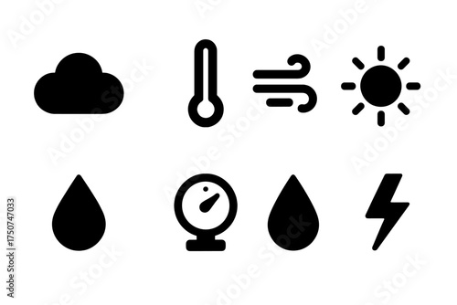 Atmospheric Science Icons. Atmospheric Science. Filled icon set of Atmospheric Science: cloud, thermometer,