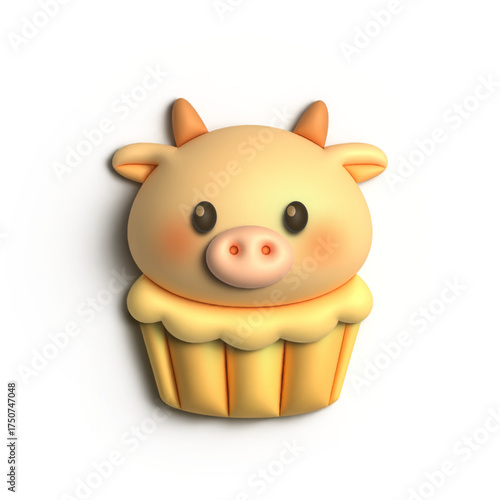 3D Render Cute Cow Inside Cupcake Illustration Design 