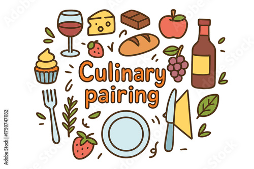 Culinary Delight Doodle. Culinary pairing. Hand-drawn doodle illustration of Culinary pairing. wine glass,