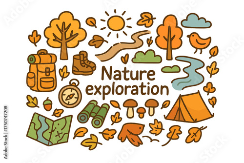Nature Exploration Doodles. Nature exploration. Hand-drawn doodle illustration of Nature exploration. trail,