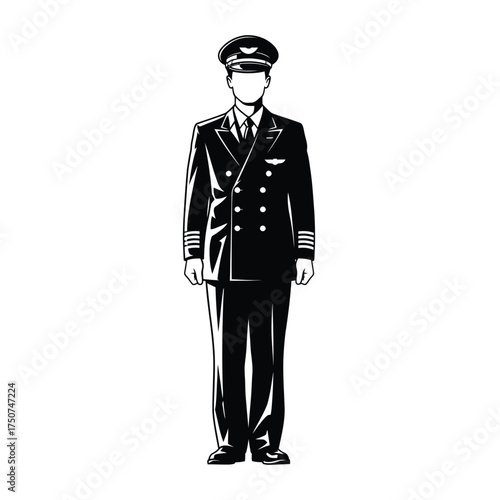 A full body illustration of a pilot in uniform standing against a white background plane job silhouette