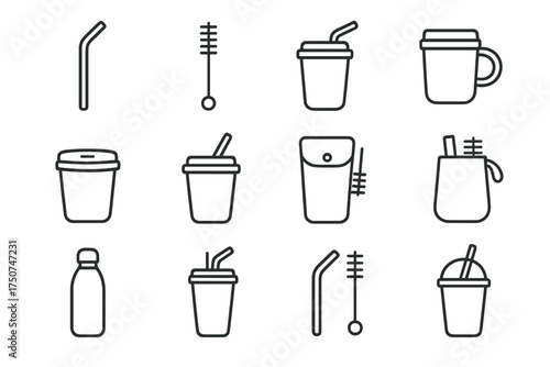 Eco-Friendly Straw Icons. Reusable straw and eco-friendly cup. Line outline icon set of Reusable straw and eco