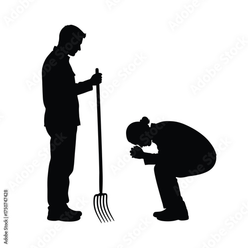 Silhouette of man standing with pitchfork and another man kneeling with hands clasped in prayer