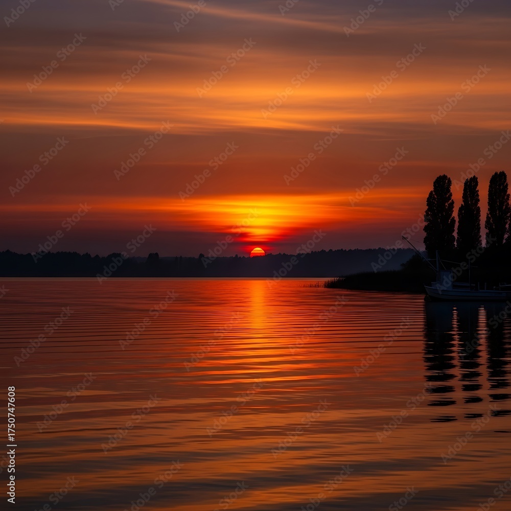 Fototapeta premium Sunset Reflections on Serene Waters - A Tranquil Evening Landscape.