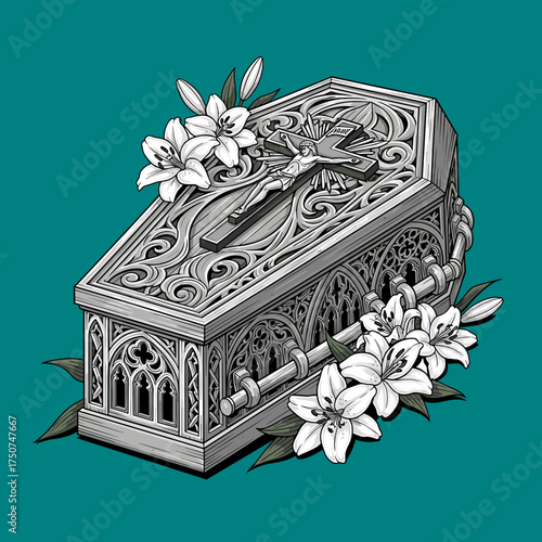 Ornate Coffin Adorned with Lilies and Crucifix Gothic Style Illustration