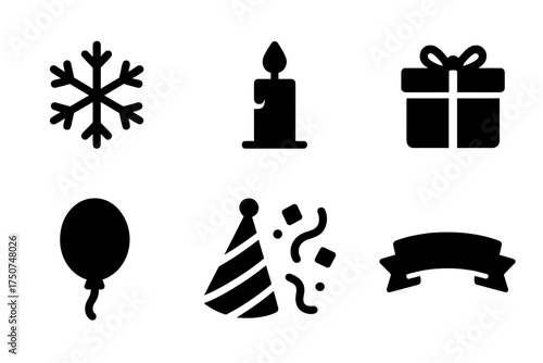 Festive Icon Set. Festive Mood. Filled icon set of Festive Mood: snowflake, ornament, candle, gift box,