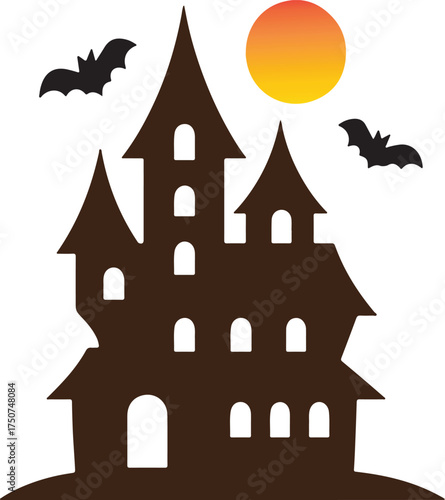 Spooky Halloween haunted house silhouette with bats and full moon