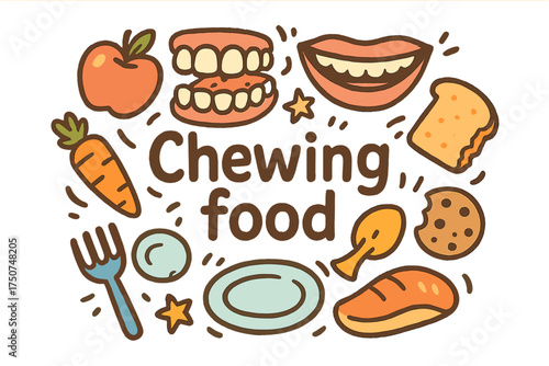 Chewing Food Doodle. Chewing food. Hand-drawn doodle illustration of Chewing food. teeth, jaw, molar, tongue,