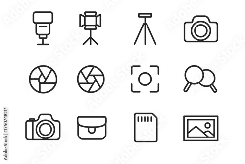 Family Photo Icons. Family portraits in natural settings (outdoor family shoots). Line outline icon set of