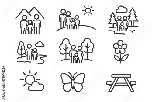 Outdoor Family Icons. Family portraits in natural settings (outdoor family shoots). Line outline icon set of