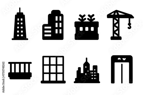 City Skyline Icons. City Skyline Designs. Filled icon set of City Skyline Designs: skyscraper, office tower,