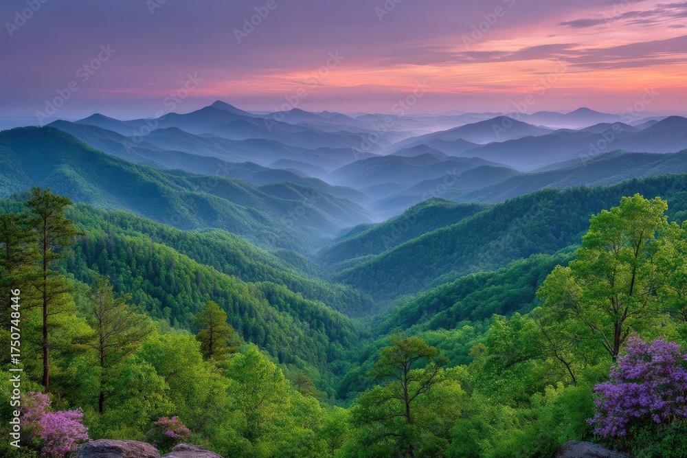 Obraz premium Expansive view of a lush mountainous landscape bathed in soft dawn light revealing serene hills with vibrant foliage and pink flowering plants inspiring tranquility and natural beauty