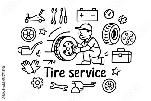Tire Service Doodle. Tire service. Hand-drawn doodle illustration of Tire service. In the middle, one slightly