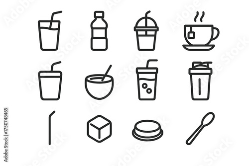 Healthy Drink Icons. Healthy eating habits. Line outline icon set of Healthy eating habits: smoothie glass,