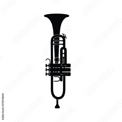 Isolated black silhouette of a trumpet with valves and a bell on a white background art