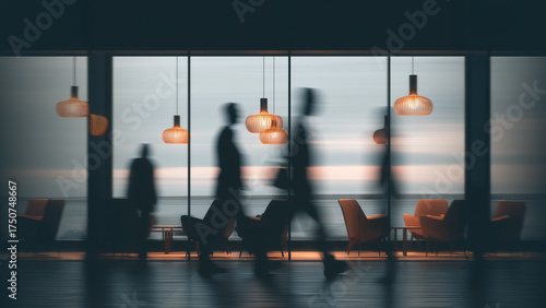 Modern conference Lounge Silhouettes Motion Lamps Sunset