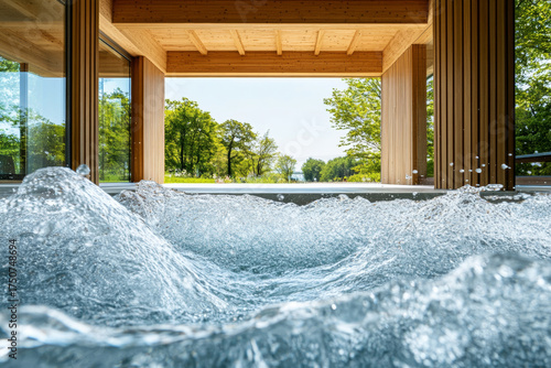 Bubbling water in outdoor hot tub with wooden patio and green trees in background creates relaxing and refreshing atmosphere on sunny day