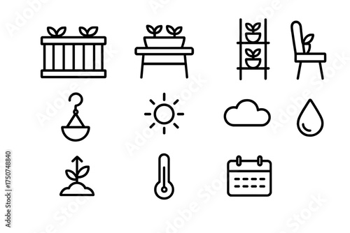 Container Gardening Icons. Container gardening for small spaces. Line outline icon set of Container gardening