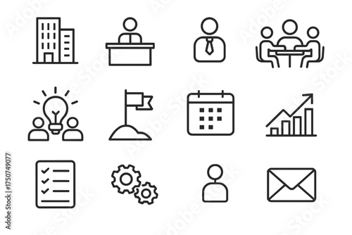 Corporate Leadership Icons. Leadership in action during corporate restructuring. Line outline icon set of