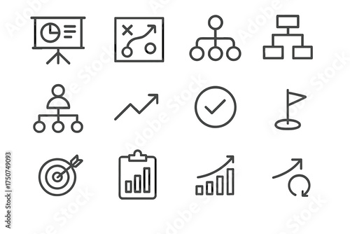 Corporate Leadership Icons. Leadership in action during corporate restructuring. Line outline icon set of
