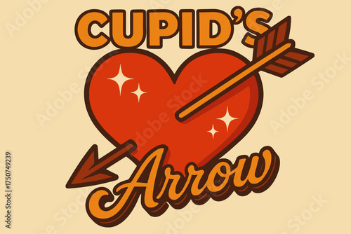Retro Cupid Vibes. Cupid’s Arrow. 70s poster vibe, warm gradient fills, thick outlines, offset shadows,