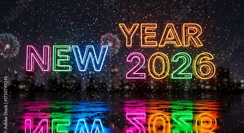 Vibrant neon lights celebrate the arrival of a new year with dazzling fireworks over a cityscape.