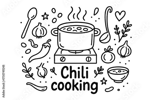 Chili Cooking Doodle. Chili cooking. Hand-drawn doodle illustration of Chili cooking. In the middle, one