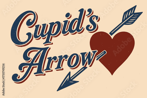 Retro Love Design. Cupid’s Arrow. vintage serif script, shadowed outlines, aged print texture, nostalgic