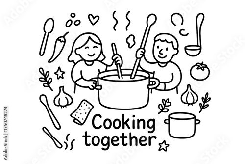 Cooking Together Doodle. Cooking together. Hand-drawn doodle illustration of Cooking together. In the middle,
