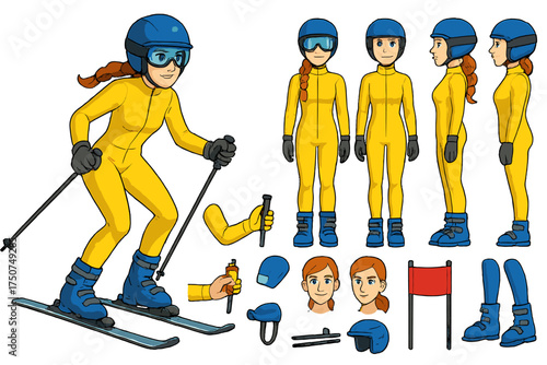 Dynamic Ski Champion. Cartoon realistic vector illustration, Character constructor style, isolated transparent