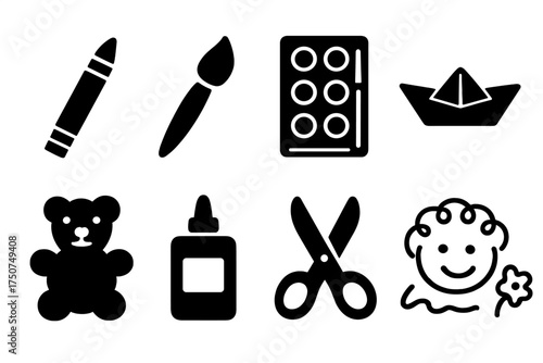 Children's Art Tools. Children’s Creativity. Filled icon set of Children’s Creativity: crayon, paintbrush,