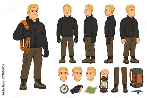 Mountain Adventurer Character Design. Cartoon realistic vector illustration, Character constructor style,