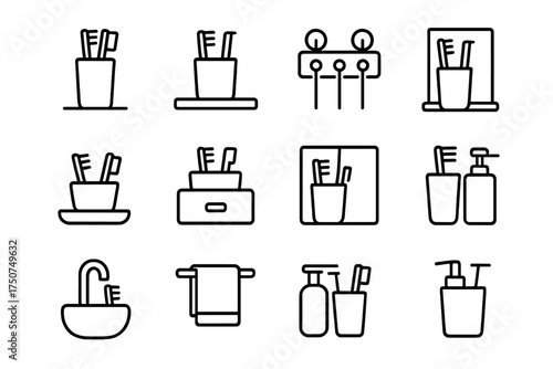 Toothbrush Holder Icons. Toothbrush holder. Line outline icon set of Toothbrush holder: bathroom counter,