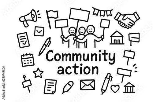 Community Action Doodle. Community action. Hand-drawn doodle illustration of Community action. In the middle,