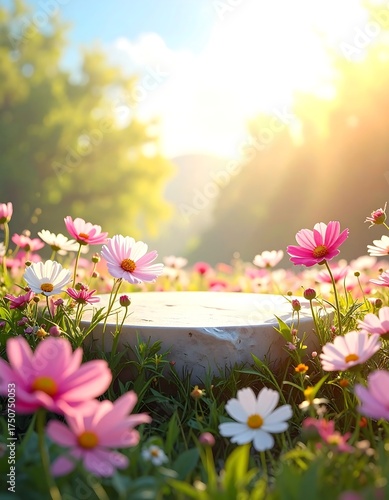 Sunny display stage amidst vibrant wildflowers, sunbeams, and lush foliage