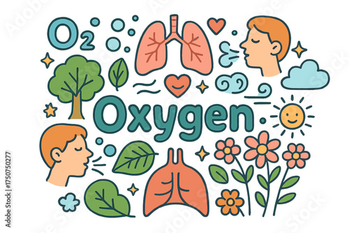 Oxygen Doodle Illustration. Oxygen. Hand-drawn doodle illustration of Oxygen. O2 molecule, lungs, air bubbles,