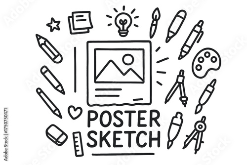 Art Tools Doodle. Poster sketch. Hand-drawn doodle illustration of Poster sketch. In the middle, one slightly