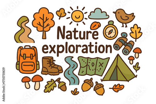 Nature Exploration Adventure. Nature exploration. Hand-drawn doodle illustration of Nature exploration. trail,