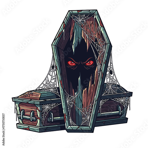 Spooky Coffin with Glowing Red Eyes and Spiderwebs Halloween Illustration