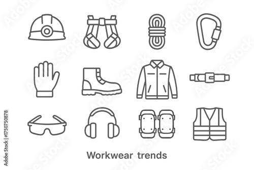 Workwear Icon Set. Workwear trends. Line outline icon set of Workwear trends: safety helmet with lamp,